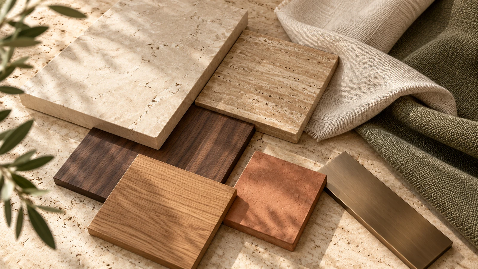 Walnut, stone, fabric and terracotta material palette — 3D render