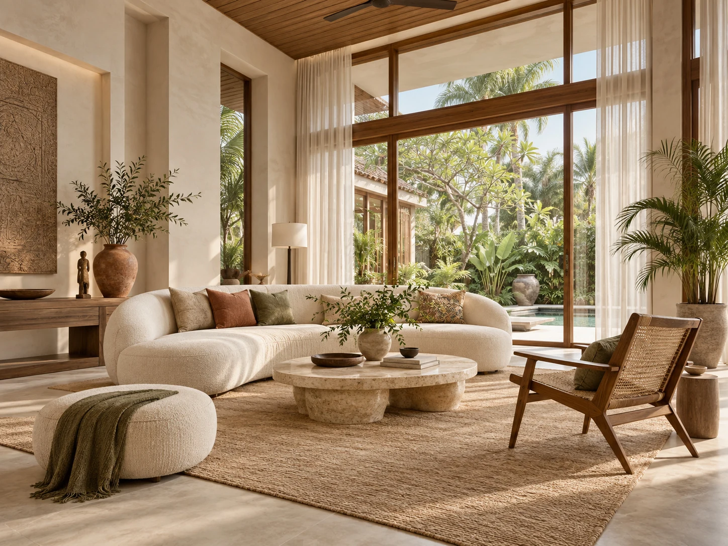Tropical living room with cream sofa, walnut details and garden views — 3D render