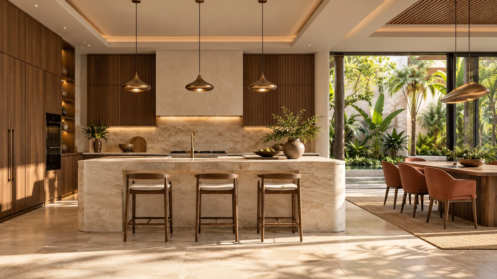 Sculptural stone kitchen island with rich walnut cabinetry — 3D render